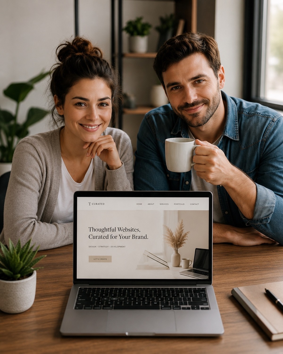Two relaxed, happy business owners with a finished website on their laptop