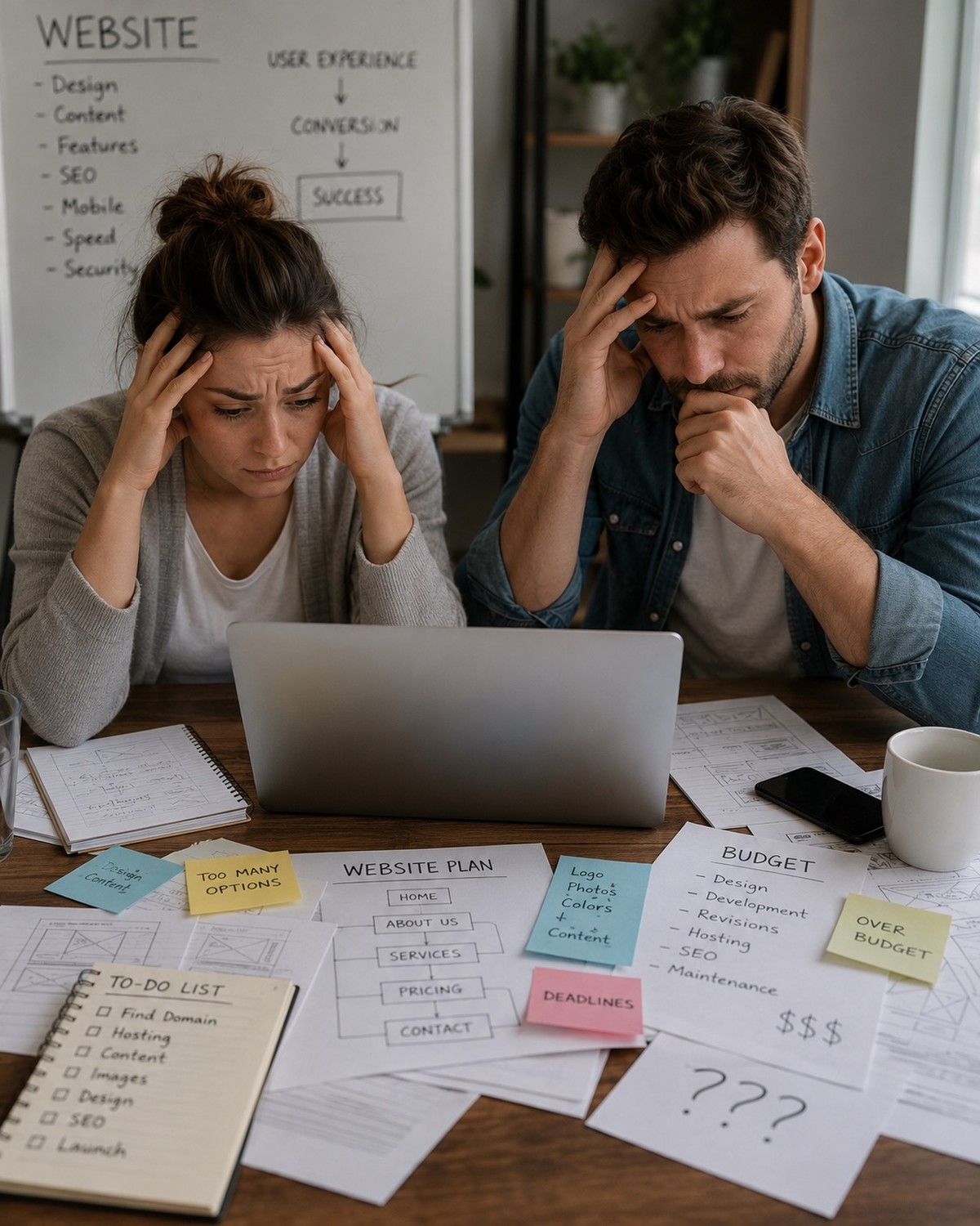 Two business owners looking stressed and overwhelmed while trying to plan their own website